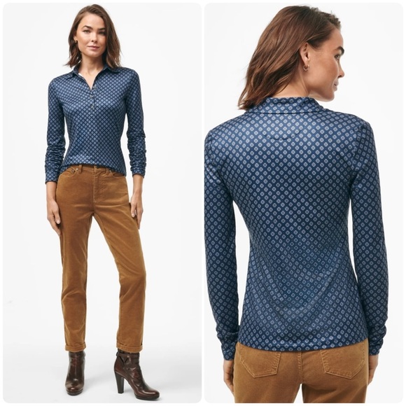 BROOK BROTHERS Women’s Blue Multi Stretch Jersey Polo in Seasonal Print Size L - Picture 2 of 10